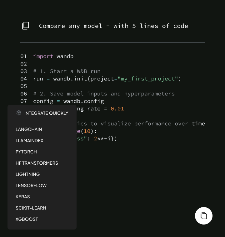 The code sample with the integrations menu open