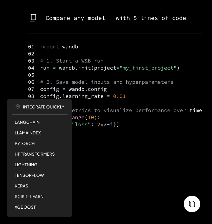 The code sample with the integrations menu open