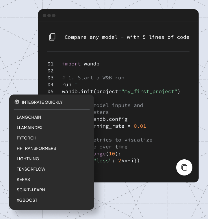 The code sample with the integrations menu open