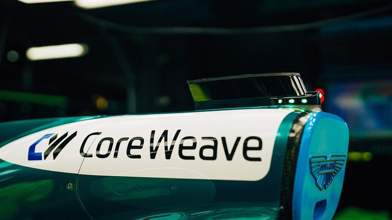 The CoreWeave-branded nose of an Aston Martin Aramco race car