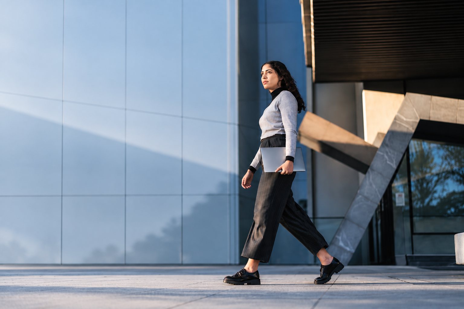 A woman walking past a modern building, a laptop under her arm